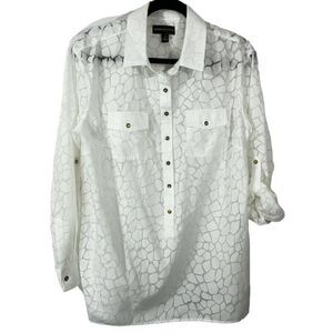Dana‎ Buchman Women's SZ L White Cotton Blend Roll Tab Sleeve Animal Print Top